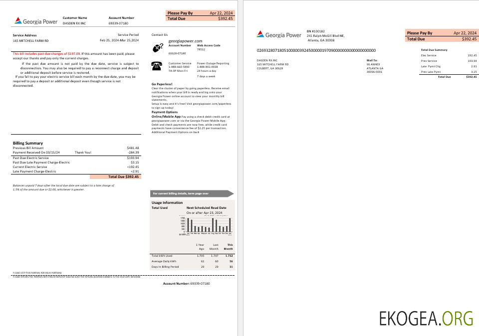 USA Georgia Power Business Utility nouveau modèle de facture de marque aux formats Word et PDF, entièrement modifiable